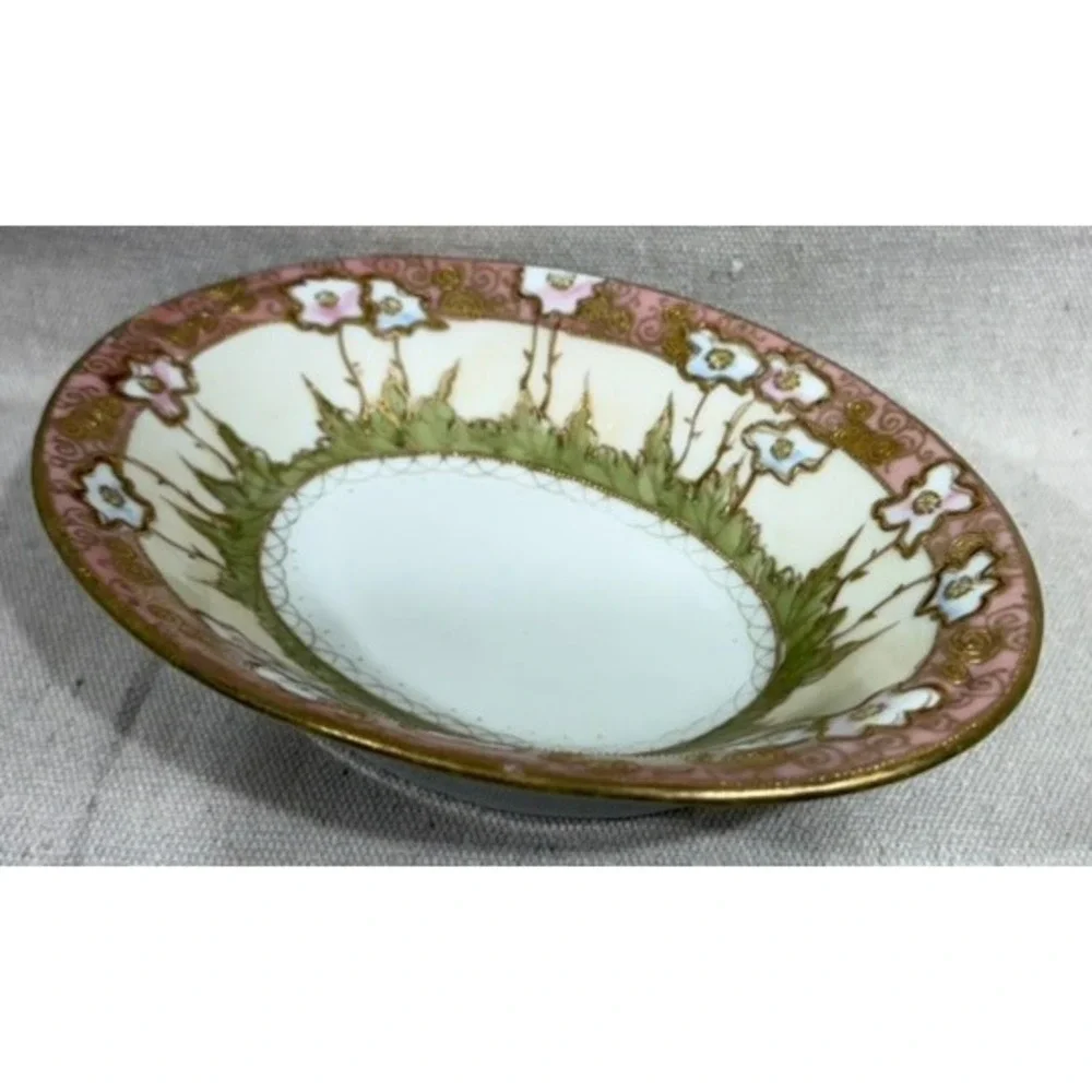 Antique Art Nouveau Hand Painted Floral Porcelain Oval Bowl Gold Moriage 1900s